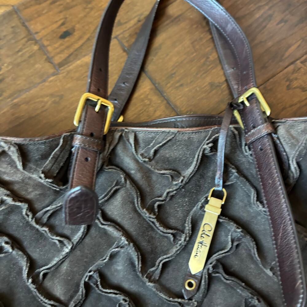 Cole Haan Sloane Woven Brown Suede Tote Bag Hobo Chocolate Weekender - Picture 4 of 16